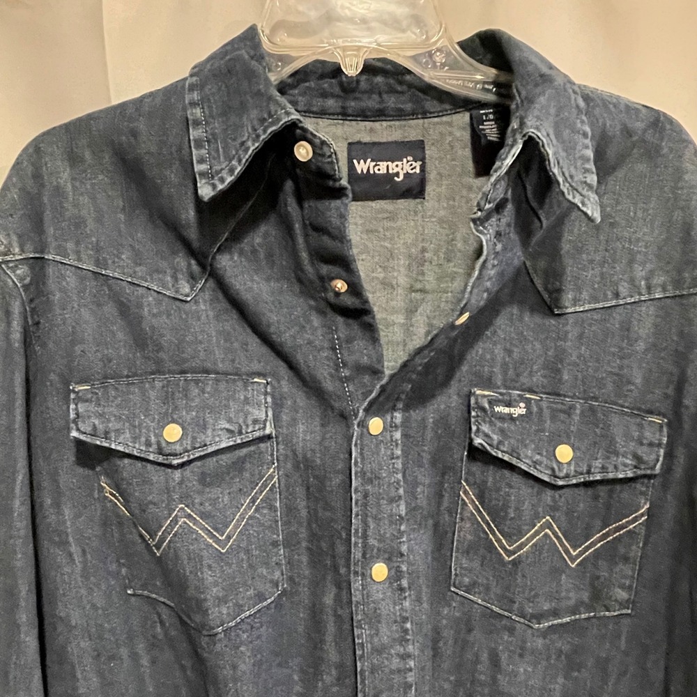 Wrangler Mens Denim Western Shirt Dark Wash Pearl Snap Frayed Hem Long Sleeve L